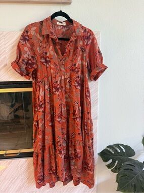NATURAL LIFE Rust Orange Floral Tiered Midi Dress
